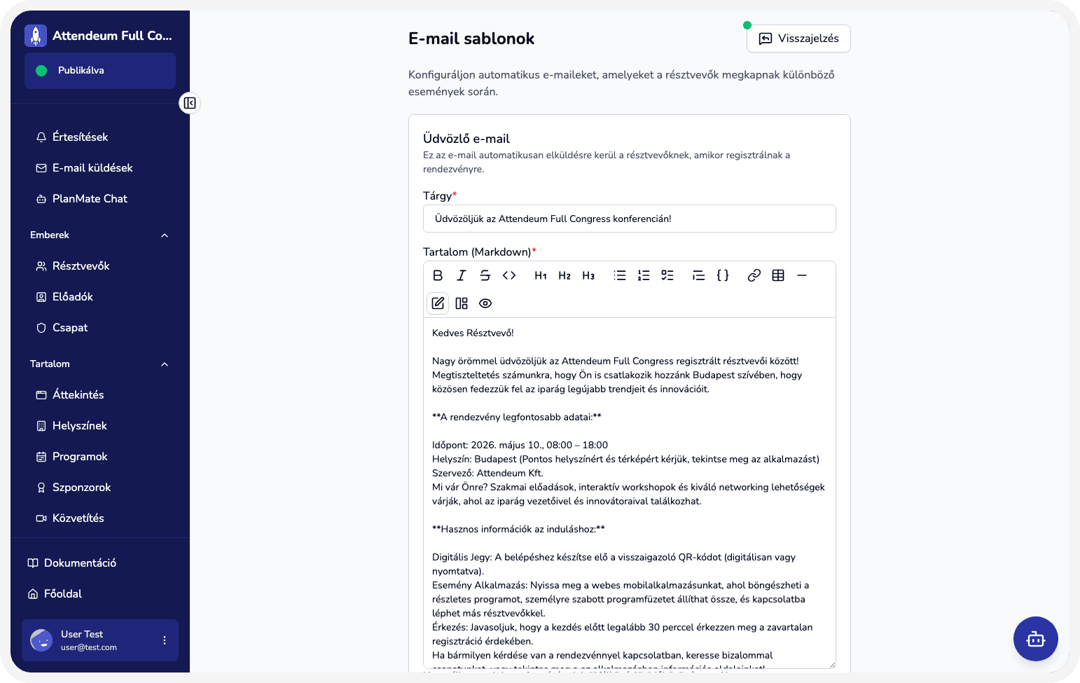 Email templates and attendee messaging in the Attendeum admin