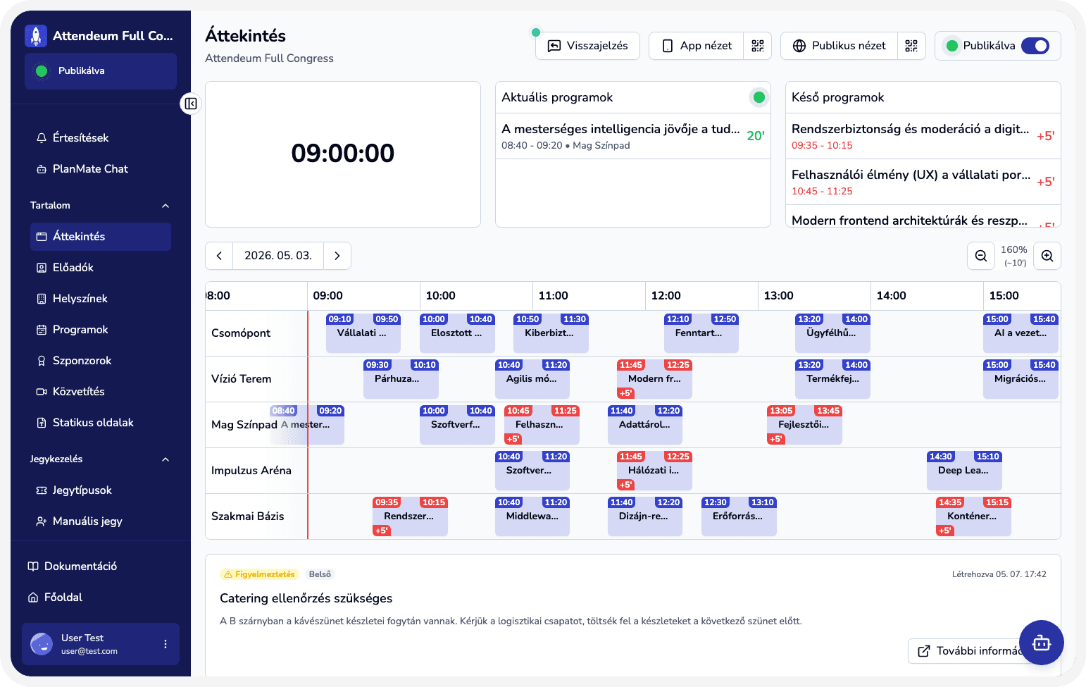 Attendeum irányítópult rendezvényoperációs, program- és kommunikációs áttekintéssel.