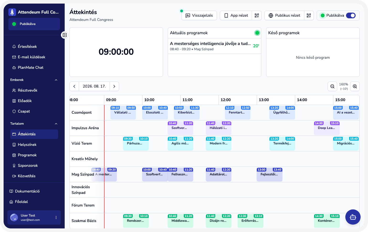Attendeum szervezői irányítópult rendezvényáttekintéssel és programállapottal