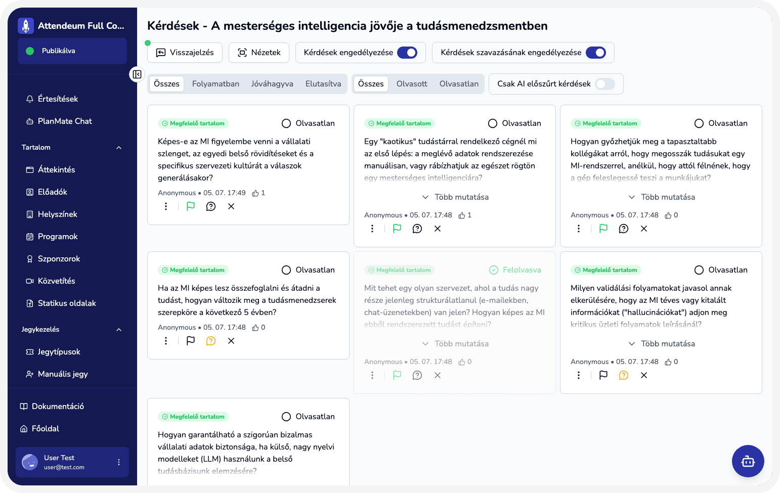 Admin moderációs nézet szűrt kérdéssorral és spamdetektálással.