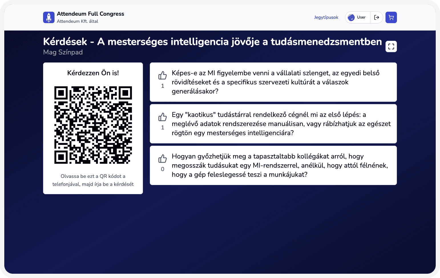 Q&A felület élő kérdéslistával, moderálási akciókkal és upvote jelzésekkel.