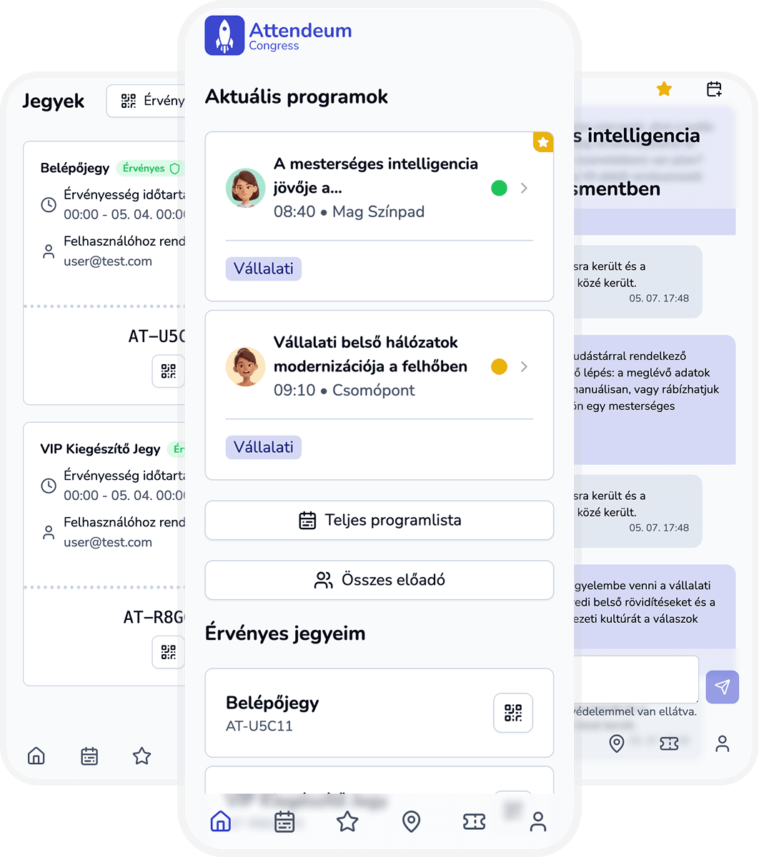 Konferencia app kezdőképernyő programokkal, jegyekkel, térképpel és élő frissítésekkel.