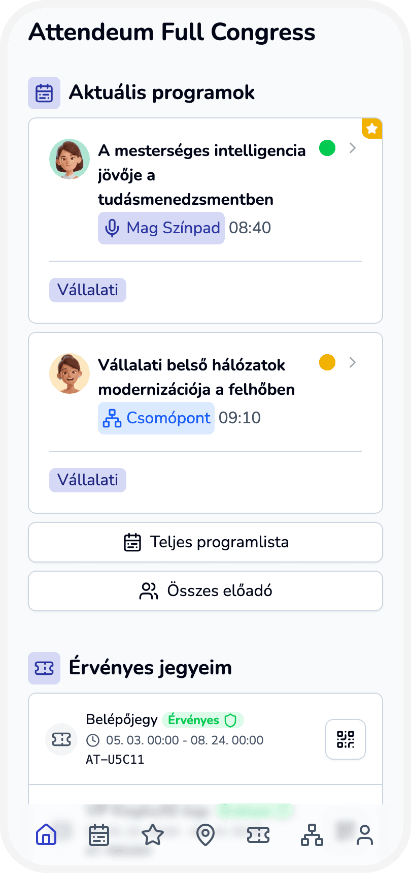 Attendeum konferencia app kezdőképernyő telefonon