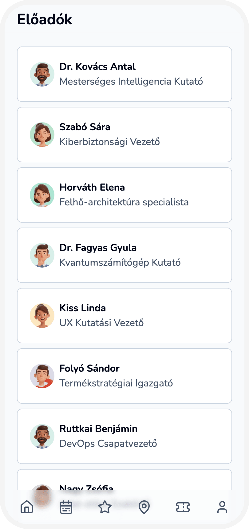 Konferencia app tartalom logikus hierarchiában rendezve.