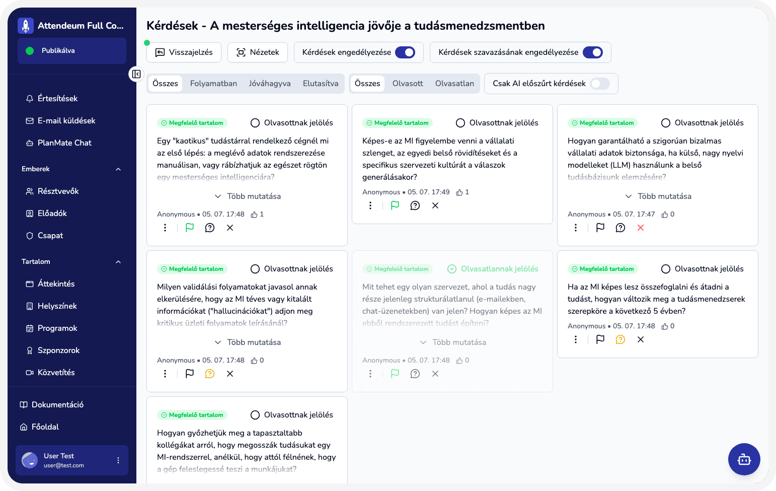 Attendeum Q&A prezentációs nézet élő résztvevői kérdésekkel