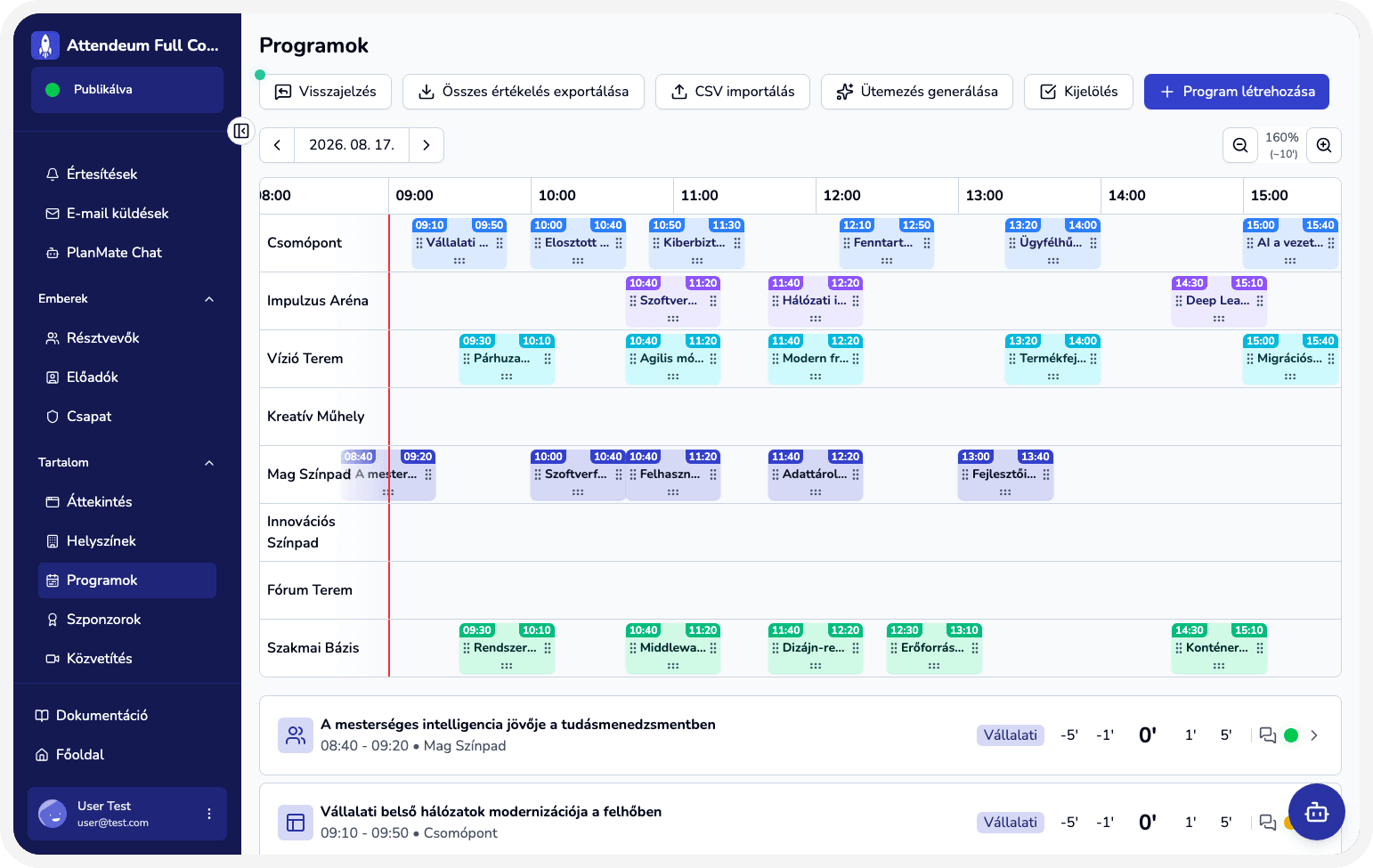 Session and agenda management in the Attendeum admin